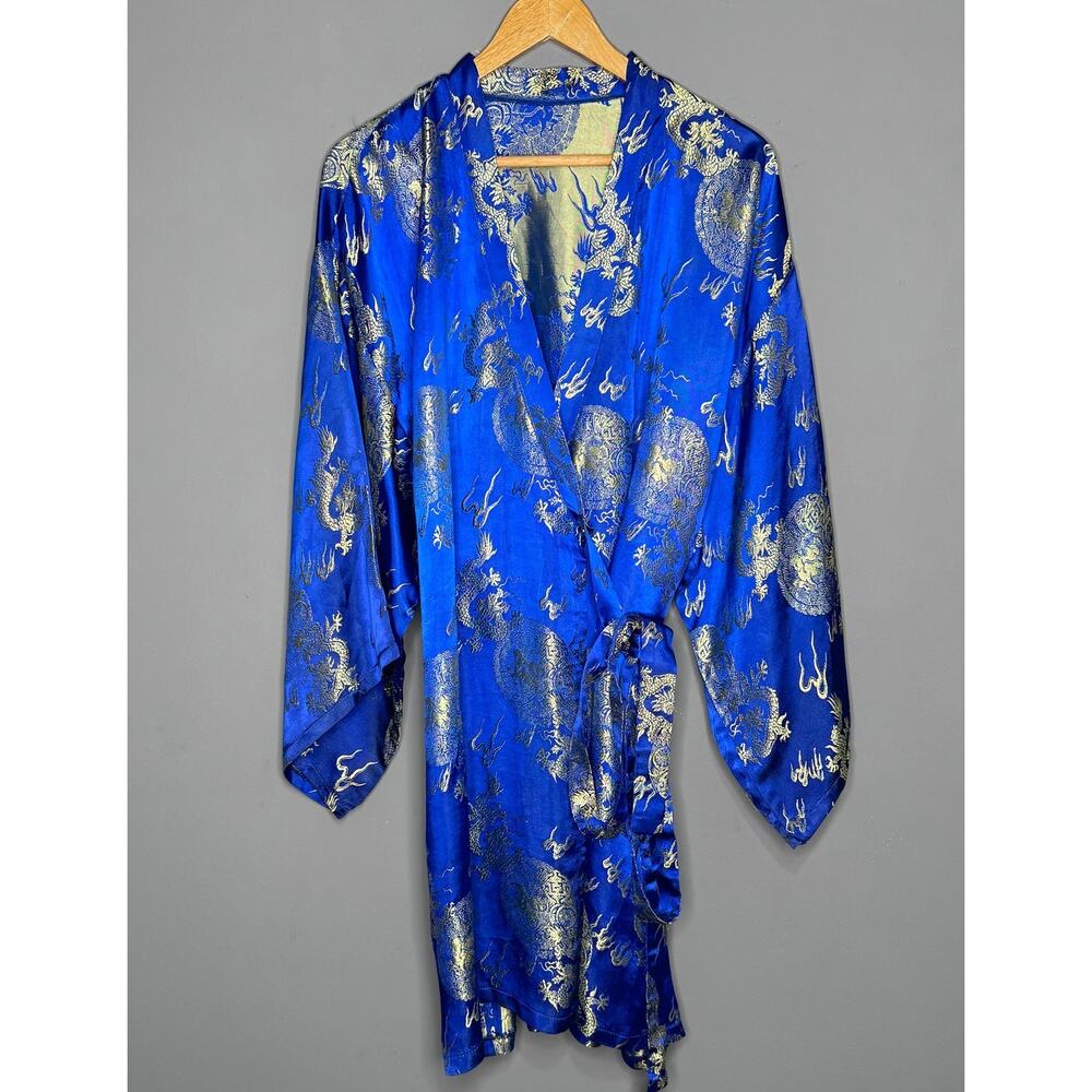 VTG Royal Blue Dragon Robe/Kimono Gold Embroidery One Size - Picture 2 of 3